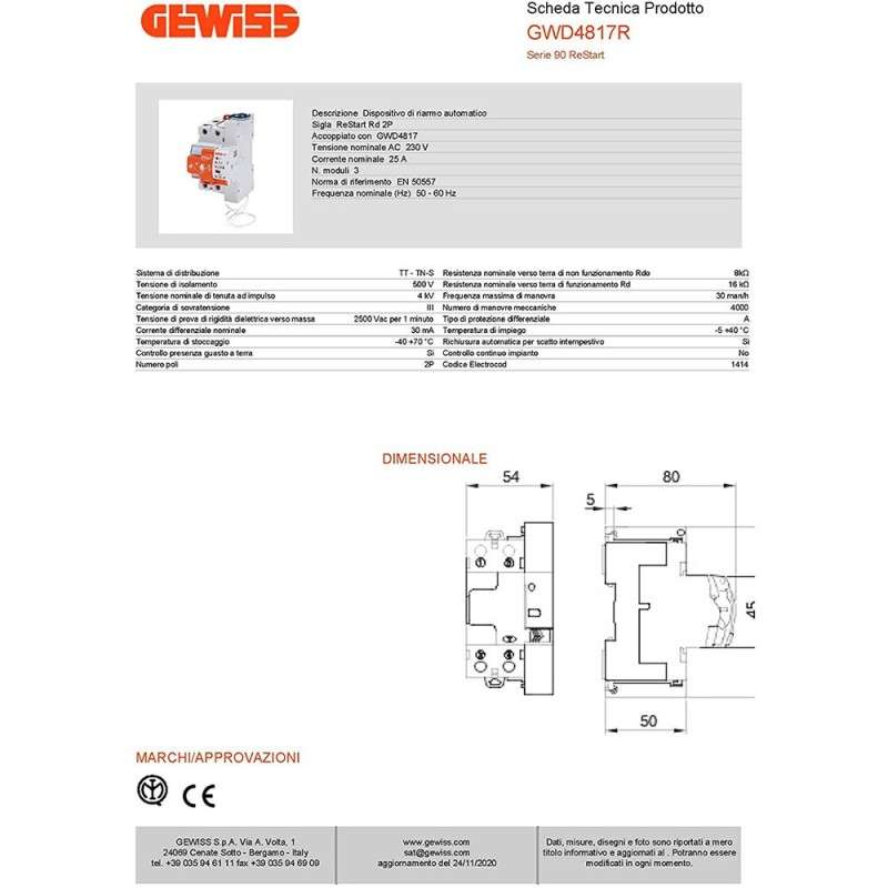 Restart Gewiss D4817R interruttore differenziale a riarmo automatic